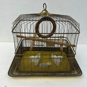 Hendryx Antique Brass Bird Cage Vintage Wire Pet w Porcelain Feeders Perch Gold